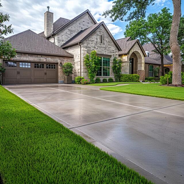 Expansive, freshly poured concrete driveway by Concrete Bear with clean control joints leading to a large residential luxury home.