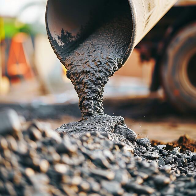 Close-up of fresh concrete pouring from a mixer truck chute during a professional Concrete Bear installation.